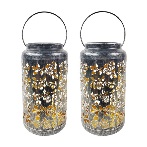 Snow Joe Bliss Outdoors Set of 2 Solar LED Lanterns w Rose Design  Hand Painted Finish BSL-313-S